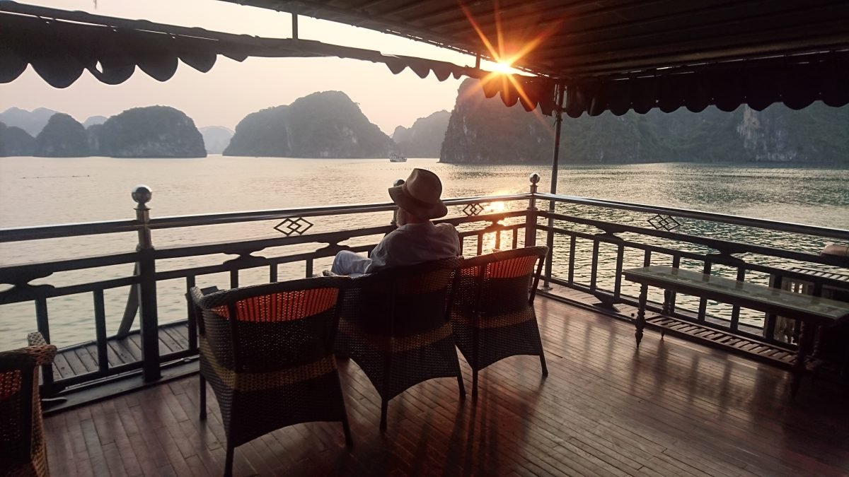 A large gin and tonic as I sit on the poop deck of the 'Rosa Boutique' and watch the sun set over Halong Bay