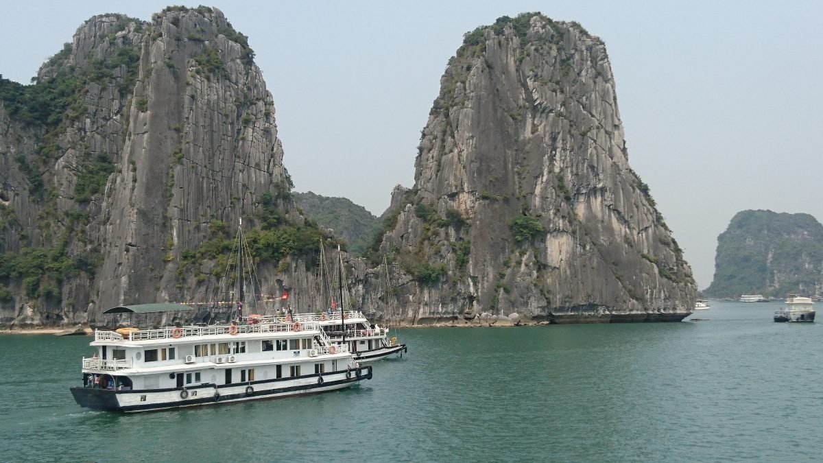 Halong Bay is large area of water on Vietnam's north east coast which is dotted with around 1,600 islands which poke out the water taller than they are wide