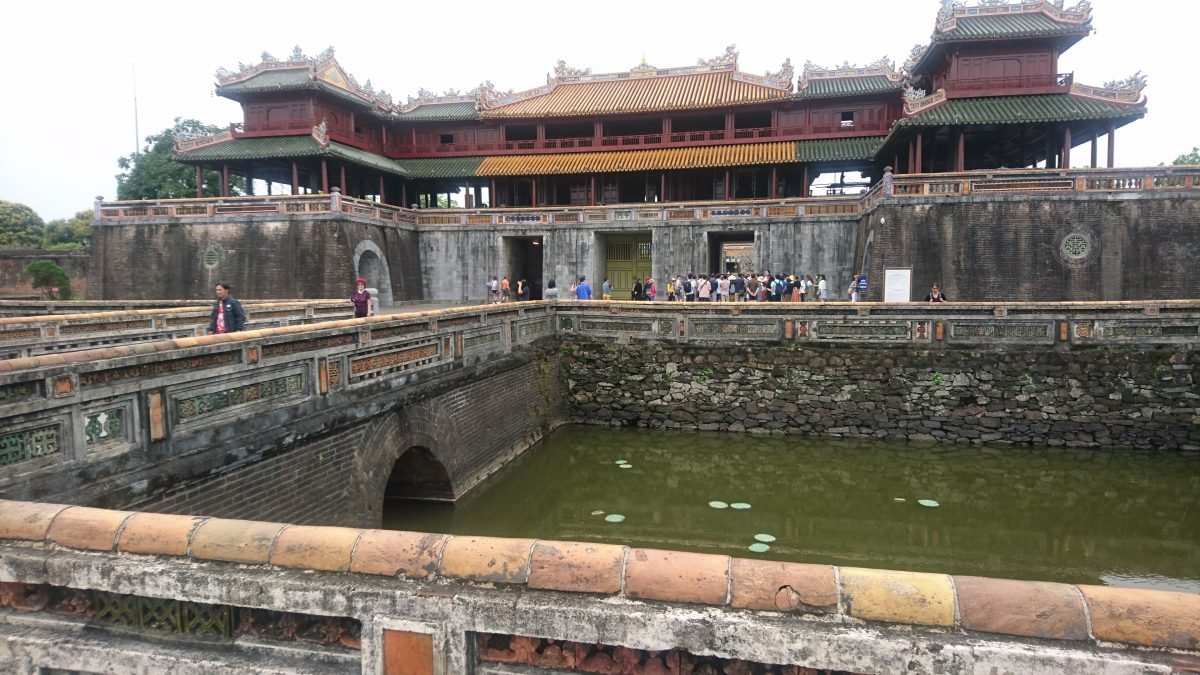 The Cua Ngo Mon, or 'Meridian' or 'South Gate', is the most prominent of the ten gates into the Imperial City. In the foreground you can see the moat which surrounds it